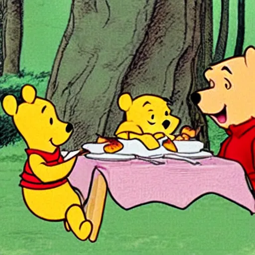 Image similar to Winnie the Pooh invites Tiger and Piglet to dine in a very fancy restaurant.