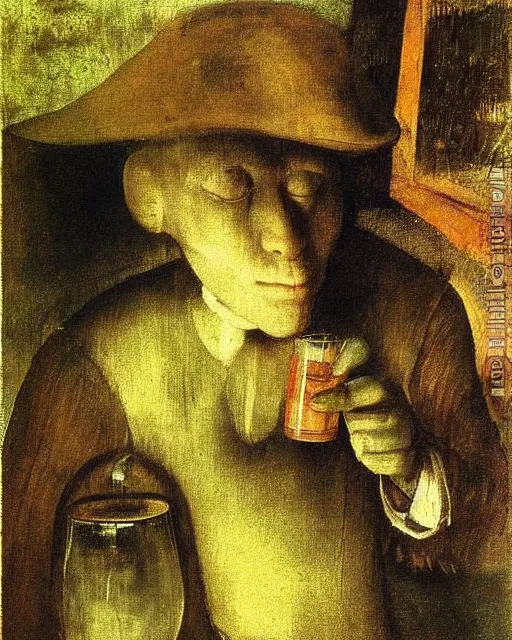 Image similar to The Absinthe Drinker By Edgar Degas painting by Hieronymus Bosch