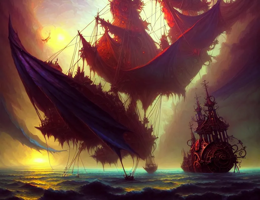 Prompt: the flying magical galleon moves through the multiverse, amazing d & d planescape art, trending on artstation, beautiful digital painting in the style of dan mumford, volumetric lighting, intricate details, ultra realistic, art by kev chan, fantasypunk, deep colors, cgsociety, by art germ, by gerald brom, by peter mohrbacher