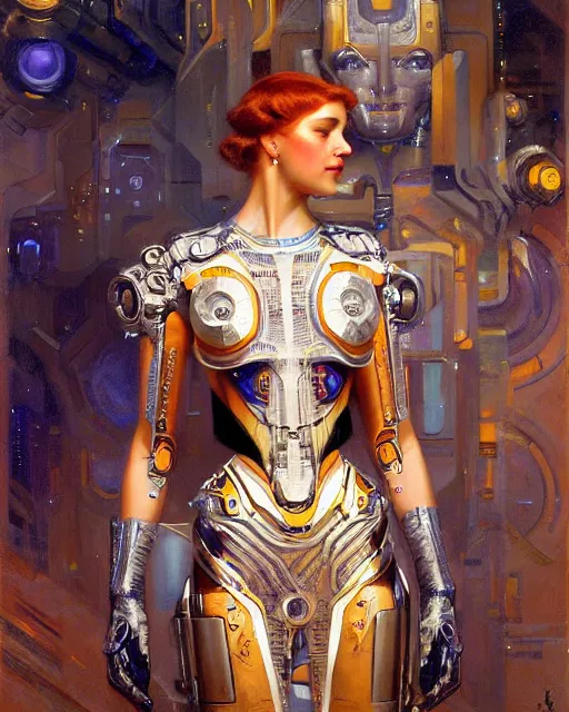 Image similar to an attractive cyborg wearing a futuristic dress surrounded by intricate geometric patterns. highly detailed painting by gaston bussiere, craig mullins, j. c. leyendecker 8 k