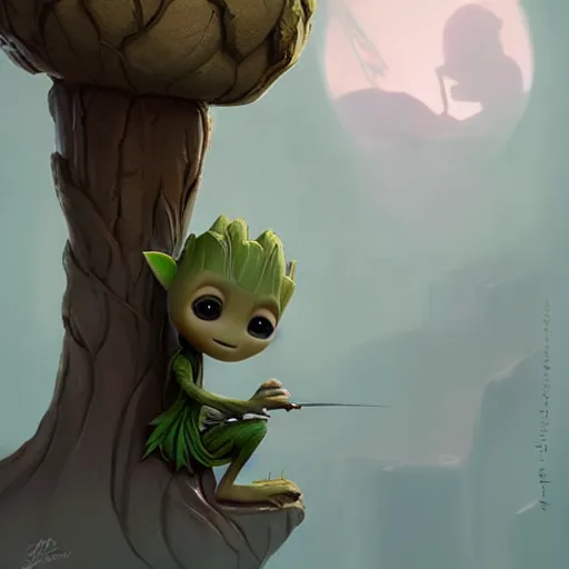 Prompt: Cute Elven baby Groot and Yoda by Greg Rutkowski and Pixar, asymmetrical, positive vibes, Organic Painting , Matte Painting, geometric shapes, hard edges, street art, trending on the artstation, realistic:2 by Sachin Teng:4