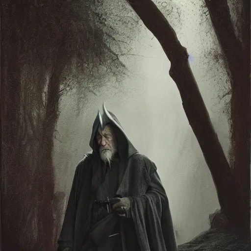 Image similar to landscape photo of ian mckellen as gandalf in a dark hood walking, arial shot, highly detailed, cinematic shot, cinematic lighting, 8 k, painting by john martin pandemonium, chiaroscuro, dark painting.