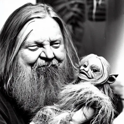 Prompt: robert wyatt cradling a hairy goblin like a baby, heartwarming photograph