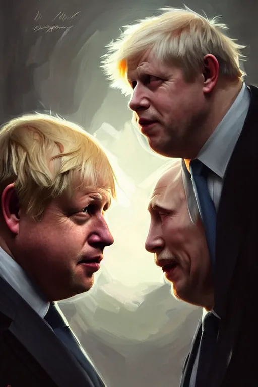 Prompt: Boris Johnson vs Putin face to face, highly detailed, digital painting, artstation, concept art, smooth, sharp focus, illustration, cinematic lighting, art by artgerm and greg rutkowski and alphonse mucha