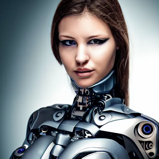 Prompt: portrait photo of a beautiful female cyborg. stone suit.