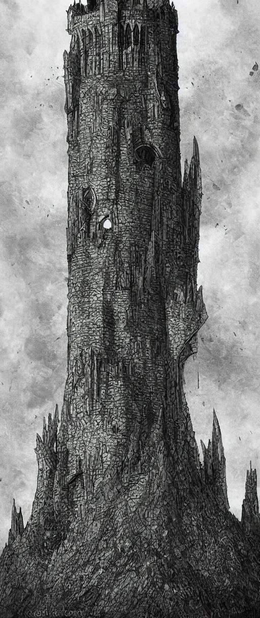 Prompt: lord of the rings high medieval tower with dark stones. the tower is on a hill. there are stone ruins at the bottom. a dark forest is all around the tower. illustration on artstation