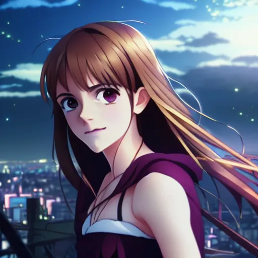 Image similar to portrait emma watson in heavens feel movie, tokyo, ufotable, kyoani, high quality, key visual, cinematic, city background, night time, rooftop, fate stay night, unlimited blade works, greg rutkowski, high resolution, street clothes, anime, high budget