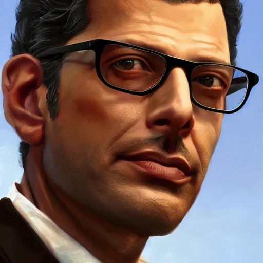 Image similar to Portrait of a Jeff Goldblum in GTA V , art by Albert Bierstadt and James Gurney, highly detailed, digital painting, matte painting, concept art, illustration, oppressive lighting, trending on artstation, very detailed