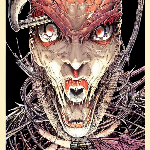 Prompt: portrait of crazy spawn, symmetrical, by yoichi hatakenaka, masamune shirow, josan gonzales and dan mumford, ayami kojima, takato yamamoto, barclay shaw, karol bak, yukito kishiro