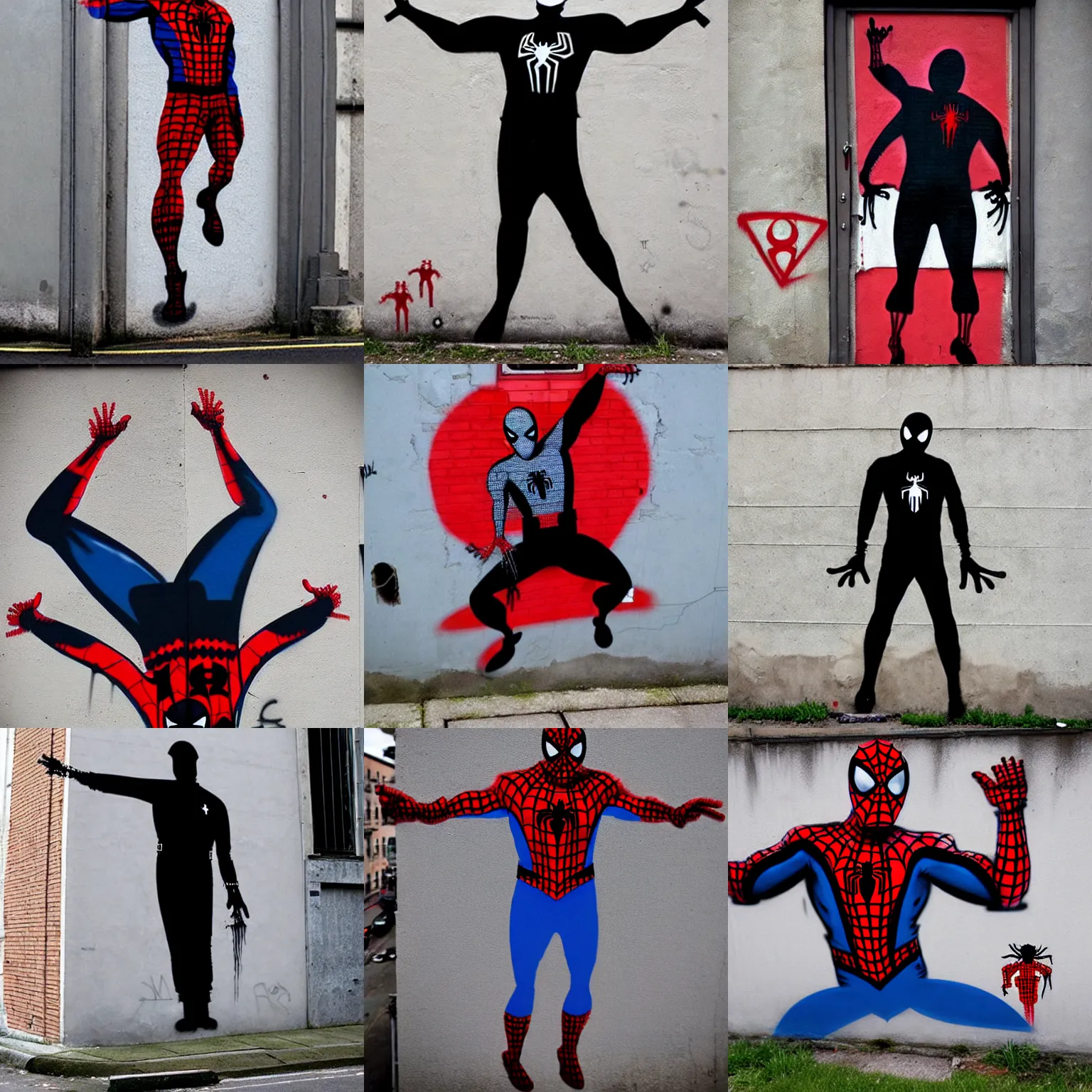 Prompt: urban grafitti of hitler as spiderman, by banksy, trending on artstation