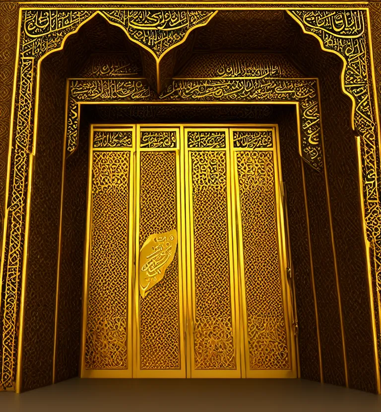 Image similar to an islamic style ornamental gate into other dimension, gold, ornament, intarsia, portal, doorway, dynamic lighting, ambient lighting, atmospherical, photorealistic fantasy concept art, trending on art station, stunning visuals, creative, cinematic, ultra detailed