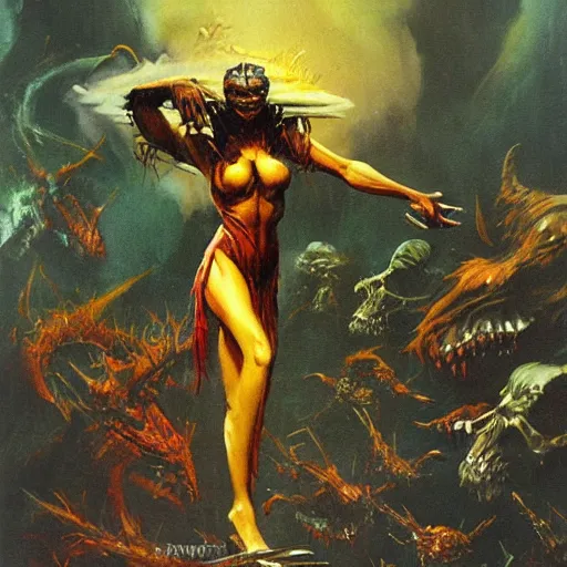 Image similar to frank frazetta nightmare oil painting