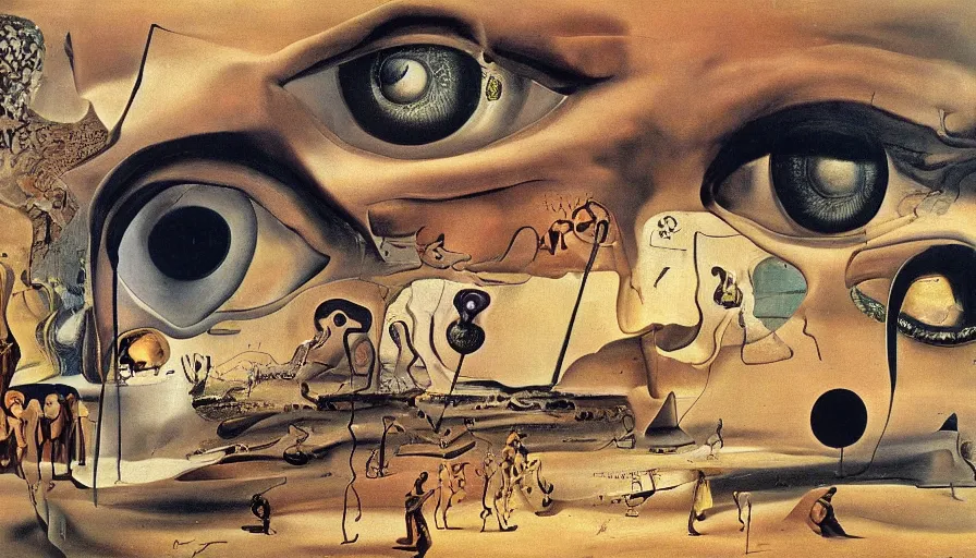 Prompt: in the land of the blind, the one eyed man is king, oil painting by salvador dali