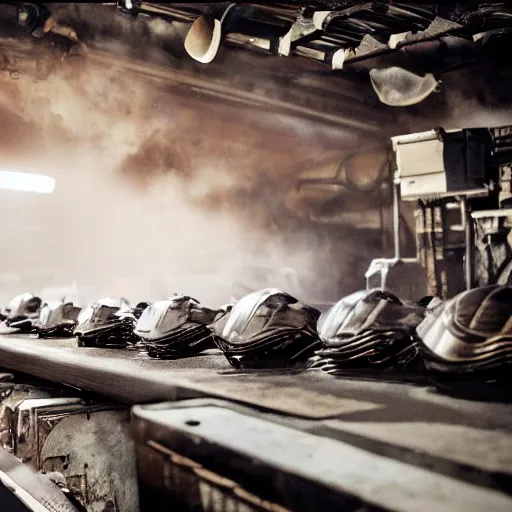 Image similar to rows of toaster oven mecha heads on conveyor belt, dark messy smoke - filled cluttered workshop, dark, dramatic lighting, orange tint, sparks, cinematic, highly detailed, sci - fi, futuristic, movie still