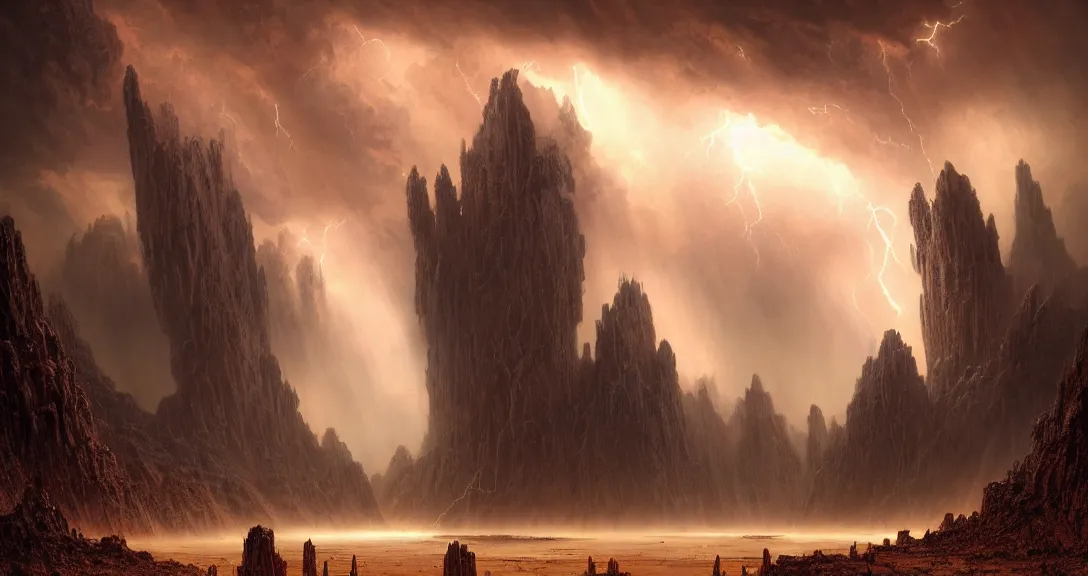 Image similar to an epic colossal scene in a forgotten ancient city of demigods from the exoplanet Gliese 581c on a harsh alien desert, by Nathan Dane Clarke, by Bruce Pennington, masterpiece, cinematic composition, aesthetic, dynamic, beautiful, detailed, beautiful lighting, stormy weather, thunder, volumetric dark clouds, heavy acid rain, 8K, no frames, rtx on, HDR radiance