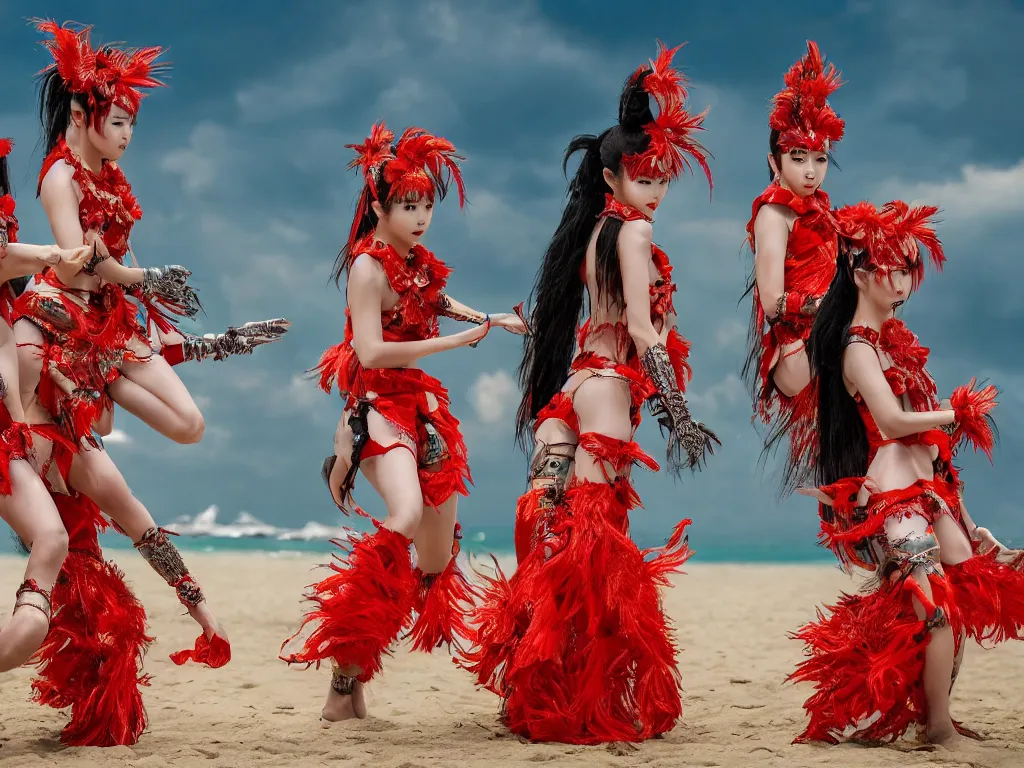 Image similar to babymetal 3 beautiful members performing on a tropical beach beautiful scenery, highly detail face, dynamic pose, High Definition detail, 8K, photography