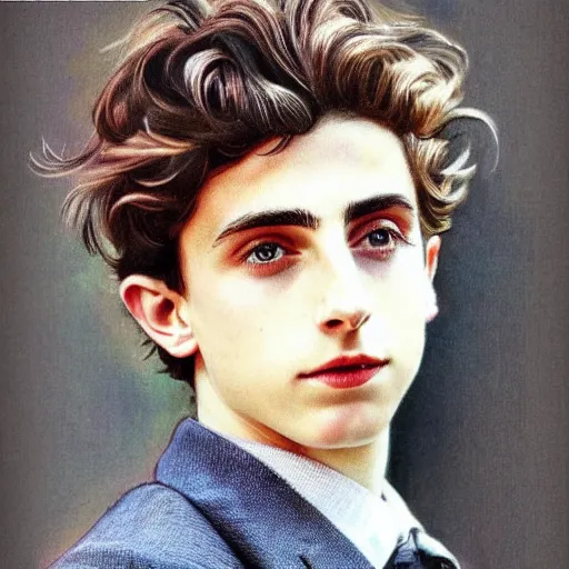 Image similar to “Timothée Chalamet portrait, color vintage magazine illustration 1950”