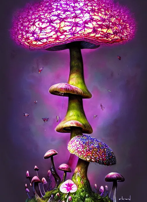 Image similar to extremely psychedelic organic shman made of orchid and cherry blossom tree and mushroom, diffuse lighting, fantasy, intricate, elegant, highly detailed, lifelike, photorealistic, digital painting, artstation, illustration, concept art, smooth, sharp focus, art by John Collier and Albert Aublet and Krenz Cushart and Artem Demura and Alphonse Mucha