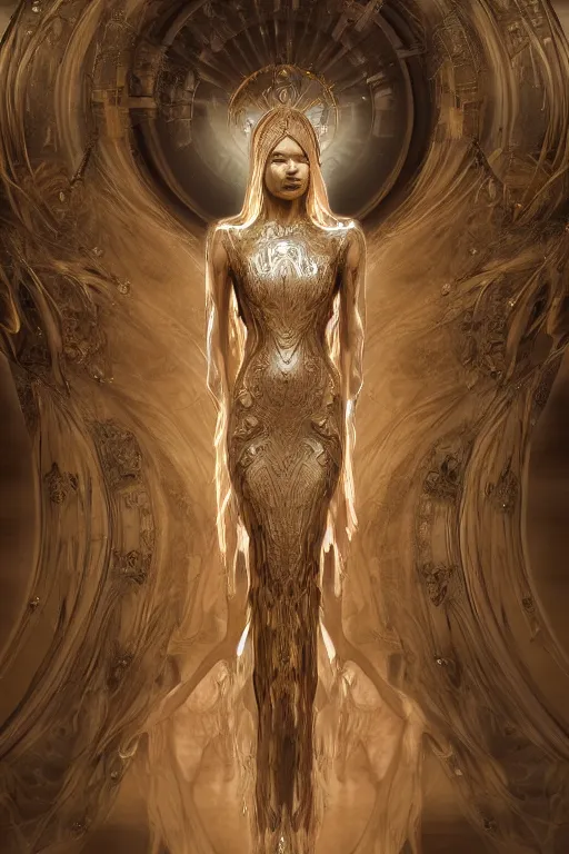 Image similar to a realistic moody photo of a beautiful ancient alien woman goddess kate moss durga standing in iris van herpen dress jewelery and fractals in style of alphonse mucha art nuvo dmt trending on artstation made in unreal engine 4