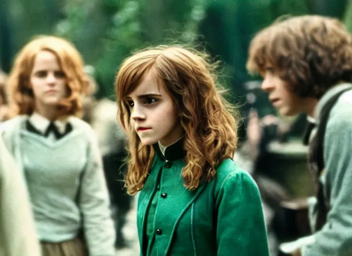 Prompt: photograph. emma watson as hermione granger. behind the scenes. candid shot. harry potter film set. kodak ektachrome. green tint. expired film. extremely detailed.