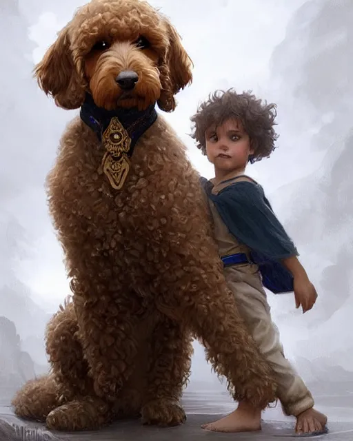 Prompt: A boy and a goldendoodle dog hugging, deep focus, D&D, fantasy, intricate, elegant, highly detailed, digital painting, artstation, concept art, matte, sharp focus, illustration, hearthstone, art by Artgerm and Greg Rutkowski and Alphonse Mucha