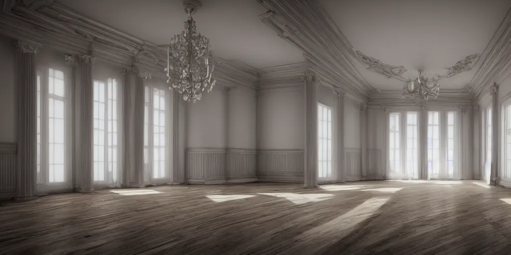 Image similar to empty room high ceiling, victorian, soft light, ominous, photorealistic, detailed, 8k