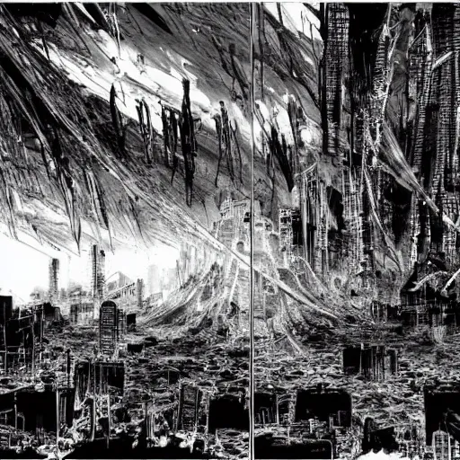 Prompt: a city being annihilated by nuclear hellfire, painted by tsutomu nihei, melancholy
