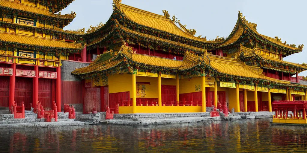 Image similar to a very high resolution image from a new movie, upside - down old yellow chinese temple, beautiful scenery, photorealistic, photography, directed by wes anderson