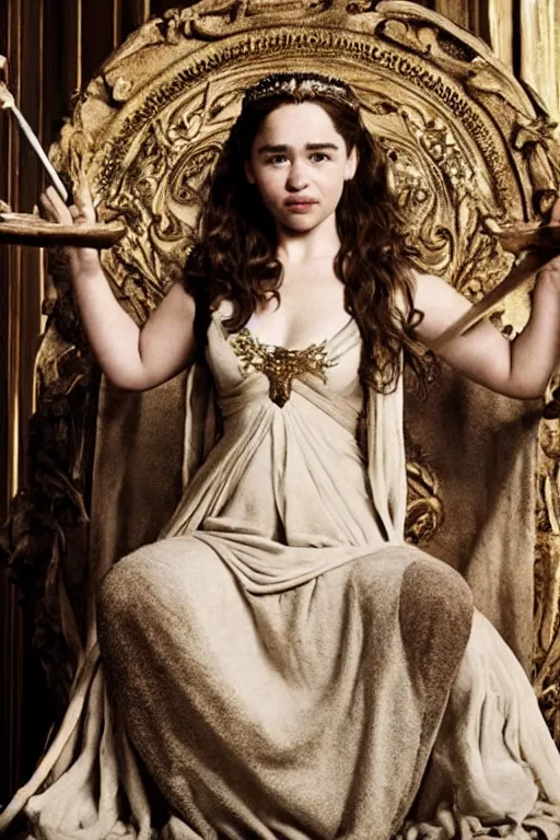 Image similar to Emilia Clarke as a Greek Goddess on a Throne