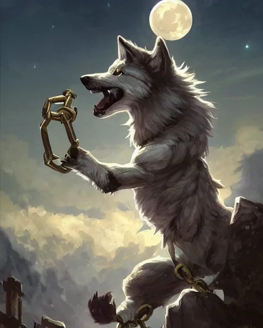 Image similar to '' Illustration a wolf (Fenrir) breaking its chains, (night), (moon in the background), league of legends, Fenrir, LOL, fantasy, d&d, digital painting, artstation, concept art, sharp focus, illustration, art by greg rutkowski and alphonse mucha ''