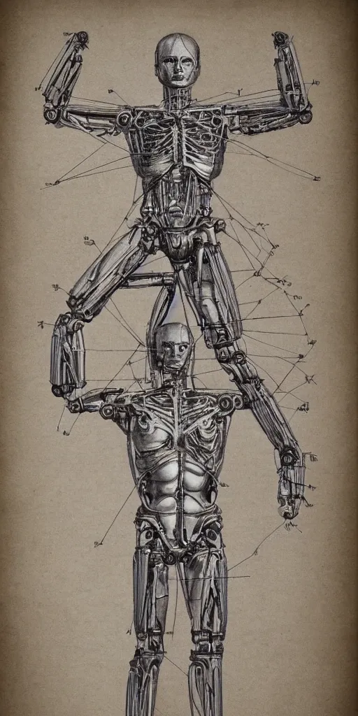 Prompt: full body of Westworld robot anatomy sketch by Leonardo da Vinci, the vitruvian man style, highly detailed pencil drawing, old sketch, rule of thirds