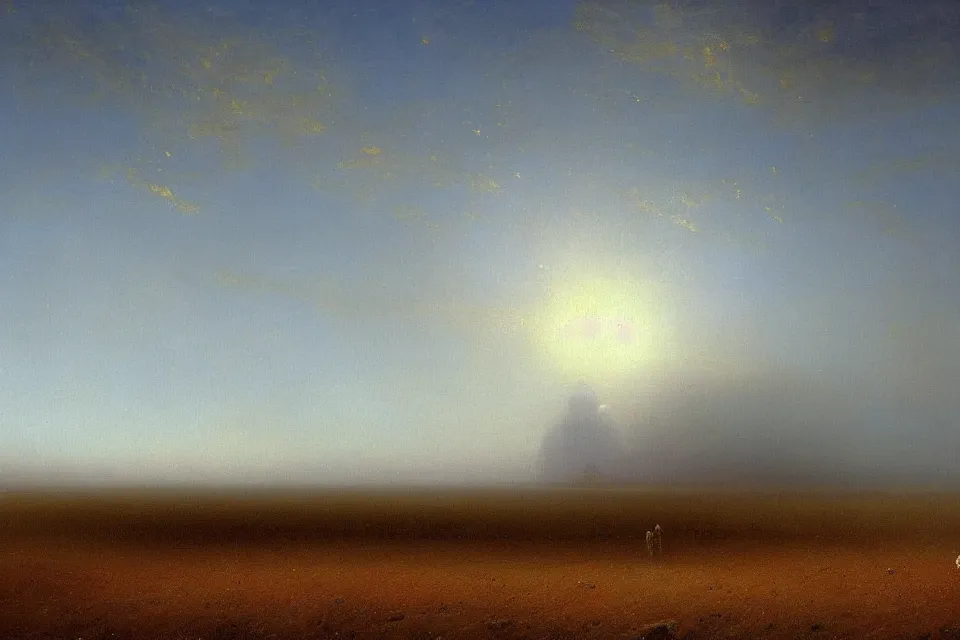 Image similar to sci-fi painting of the closed back view of one humanoid robot on the ground, a large distant alien city, vast wheat fields, by Ivan Aivazovsky, godrays, atmospheric, cinematic, detailed