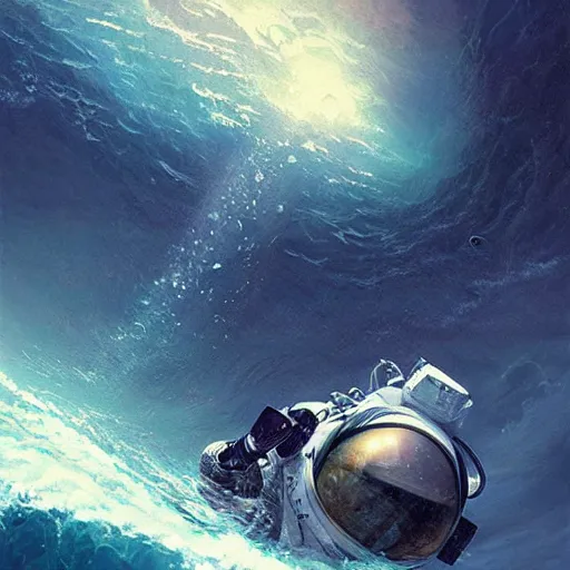 Image similar to an astronaut lost in the ocean,digital art,detailed,ultra realistic,art by greg rutkowski