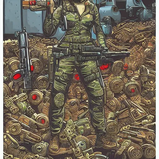 Image similar to artwork of toy plastic doll next to weapons, hand grenades, rpg, by dan mumford, beautiful, extremely detailed linework