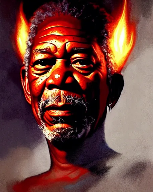 Image similar to morgan freeman as god of hell | | realistic shaded, fine details, realistic shaded lighting painting by greg rutkowski, diego gisbert llorens, magali villeneuve, artgerm, jeremy lipkin, michael garmash, rob rey