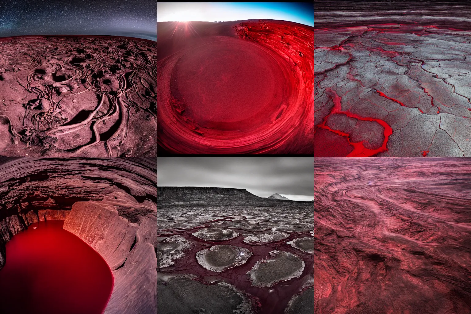 Prompt: alien planet, huge skeletons lie between dark red rivers, 14 mm lens