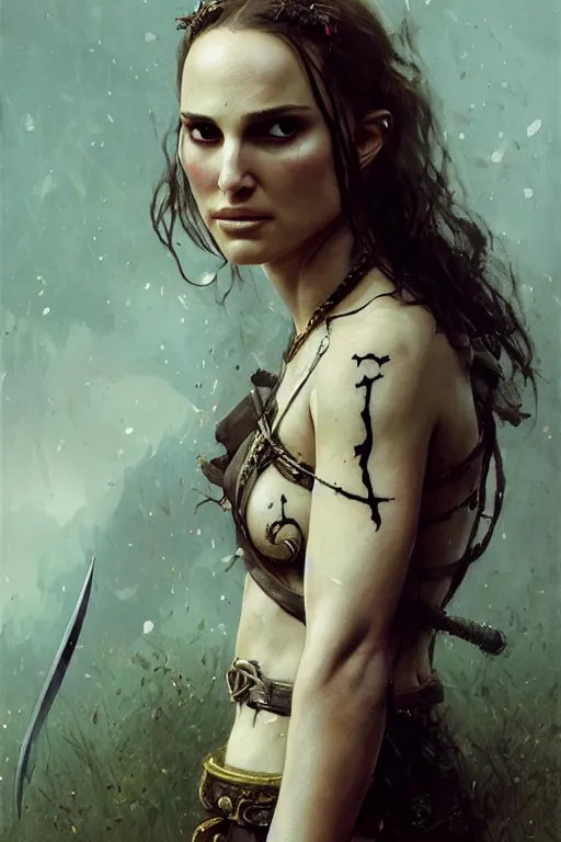 Image similar to natalie portman, battle warrior, lord of the rings, tattoos, decorative ornaments, by carl spitzweg, ismail inceoglu, vdragan bibin, hans thoma, greg rutkowski, alexandros pyromallis, perfect face, fine details, realistic shading, photorealism