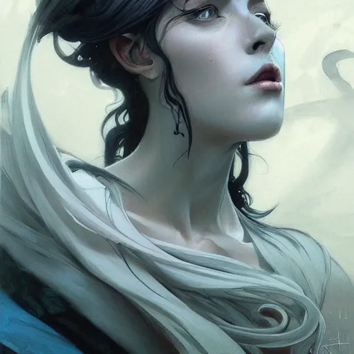 Image similar to Despair is a hue created with swirls of black gouache, hopeless grey, and a daub of cold blue, intricate, highly detailed, digital painting, artstation, concept art, smooth, sharp focus, illustration, Unreal Engine 5, 8K, art by artgerm and greg rutkowski and alphonse mucha, fantasy epic digital art, epic fantasy card game art