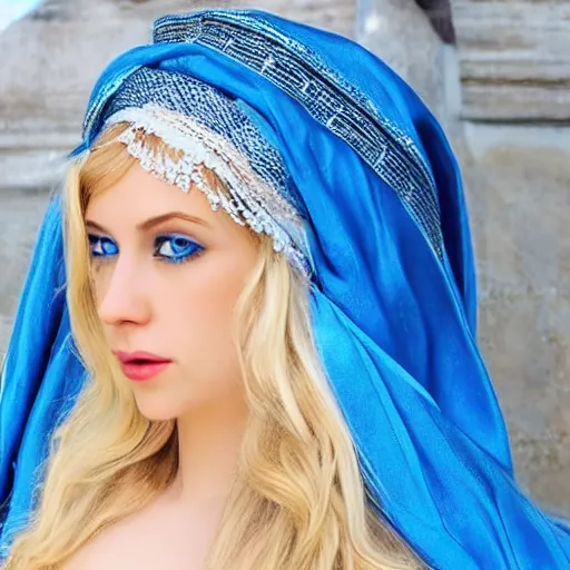 Prompt: goddess, mother god, beautiful, majestic, beautiful blue big eyes, long blond hair, dressed with white silk and head veil, goodness, love light life, grace, goodness, sweet, intelligent, sparkles of light on his head, blue sky