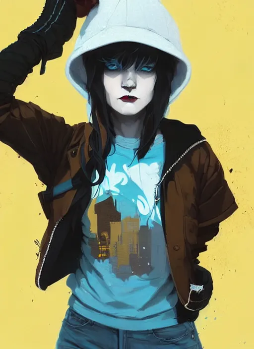 Prompt: highly detailed portrait of a city punk lady student, blue eyes, hoodie, hat, white hair by atey ghailan, by greg rutkowski, by greg tocchini, by james gilleard, by joe fenton, by kaethe butcher, gradient yellow, black, brown and cyan blue color scheme, grunge aesthetic!!! ( ( graffiti tag wall background ) )