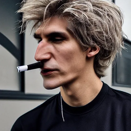 Image similar to a closeup photo of really handsome xqc smoking,