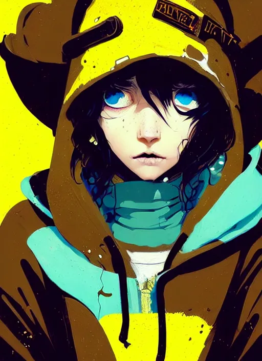Prompt: highly detailed portrait of a sewer punk lady student, blue eyes, leather hoody, hat, wavy hair by atey ghailan, by greg rutkowski, by greg, tocchini, by james gilleard, by joe fenton, by kaethe butcher, gradient yellow, black, brown and cyan color scheme, grunge aesthetic!!! ( ( graffiti tag street background ) )
