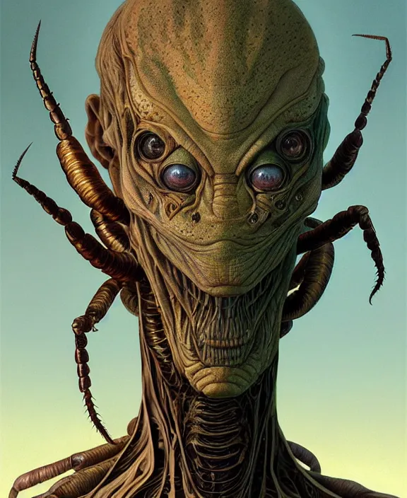 Image similar to intricate earth - toned portrait of a scary alien insect creature, mottling coloring, adorable, childlike, overgrown environment, ultra realistic, concept art, maximalist, photorealistic, octane render, 8 k, unreal engine. art by christopher marley and artgerm and greg rutkowski and alphonse mucha