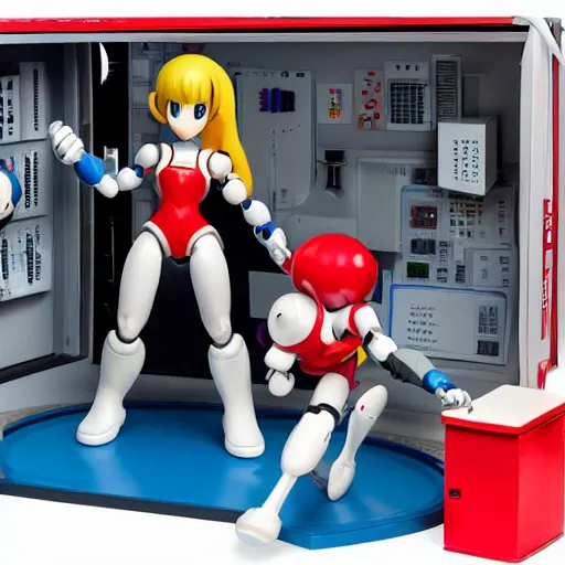 Image similar to photo of figma figures in a diorama : : roll is repairing computers in dr. light's laboratory. roll is a cute female ball - jointed robot ( in the style of mega man ) who has blonde hair with bangs and a ponytail tied with a green ribbon. she is wearing a red one - piece dress with a white collar, and red boots.