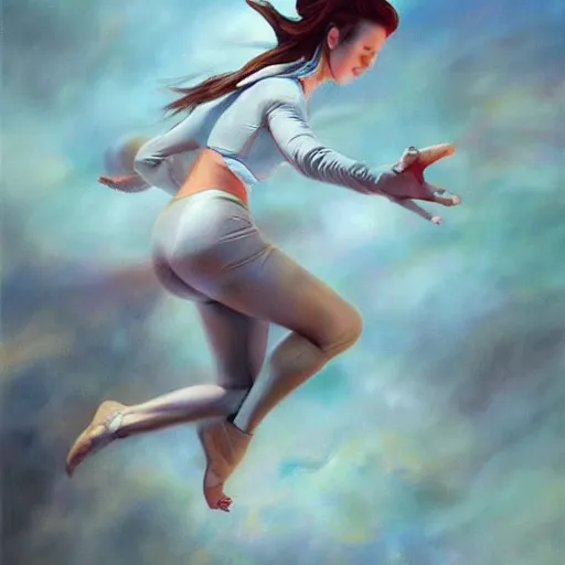 Image similar to learning to fly, first person point of view, realisting painting, artgerm, james raiz