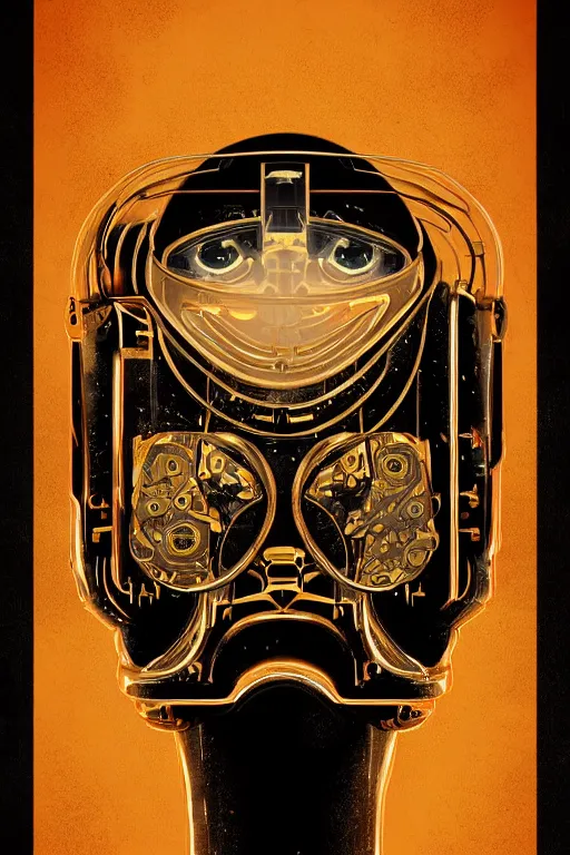 Image similar to portrait of a organic cyborg head covered in oil by pixar, centered, symmetrical, bilateral symmetry, 70s poster, polished, retro dark vintage sci-fi, 2D matte illustration