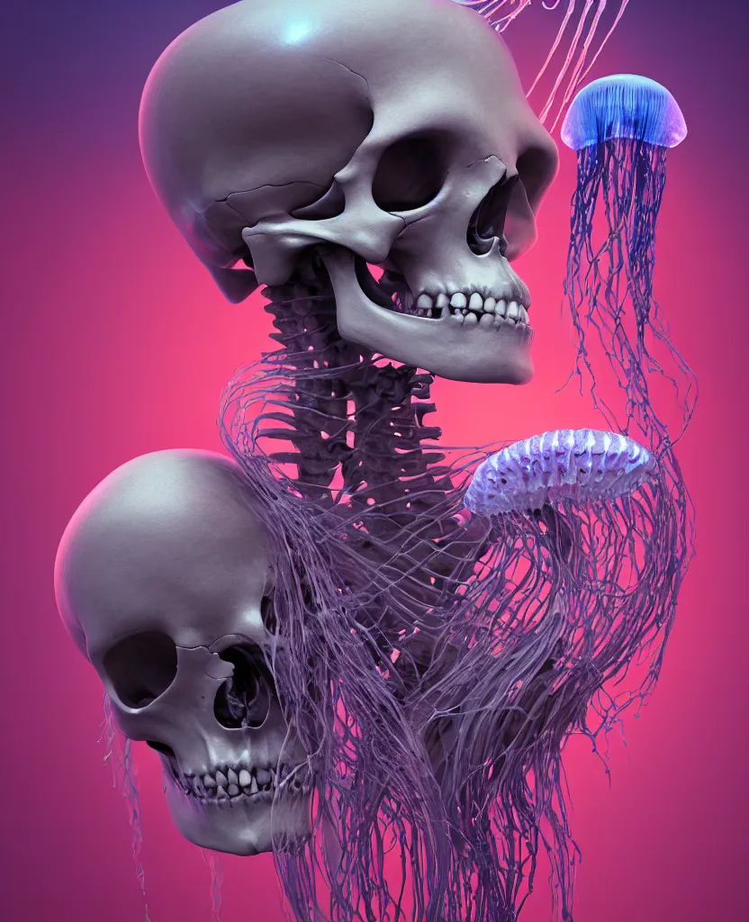 Image similar to goddess close - up portrait human skeleton, ram skull, jellyfish, orchid, betta fish, bioluminiscent, intricate artwork by tooth wu and wlop and beeple. octane render, trending on artstation, greg rutkowski very coherent symmetrical artwork. cinematic, hyper realism, high detail, octane render, 8 k