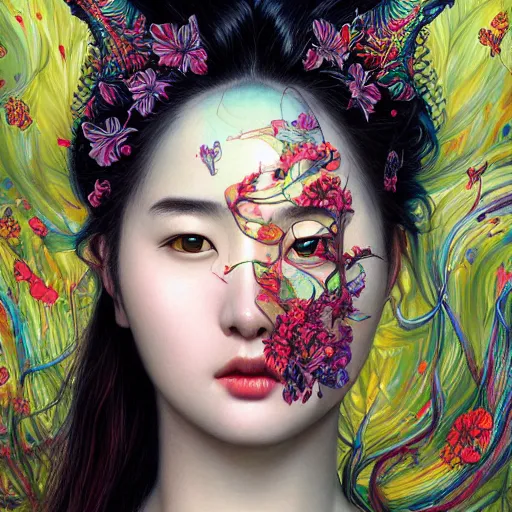 Prompt: portrait of liu yifei, hyper detailed masterpiece, neon floral pattern, jean giraud, digital art painting, darkwave goth aesthetic, psychedelic, artgerm, donato giancola and tom bagshaw