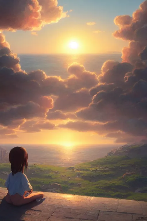 Image similar to a highly detailed matte painting of a girl watching beautiful sunset by studio ghibli, makoto shinkai, by artgerm, by wlop, by greg rutkowski, volumetric lighting, octane render, 4 k resolution, trending on artstation, masterpiece