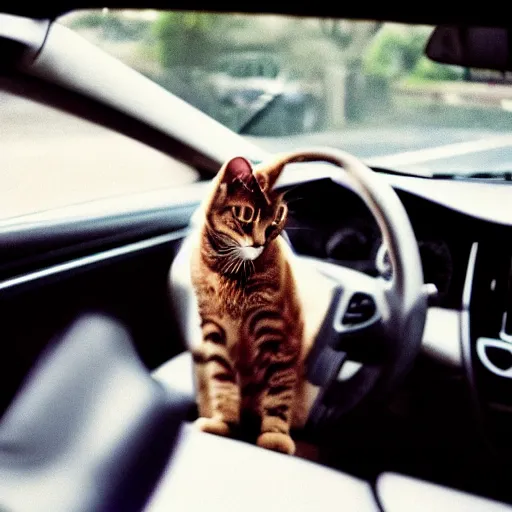 Prompt: view from the passenger's seat of a cat driving a car, canon a 1, high resolution photography